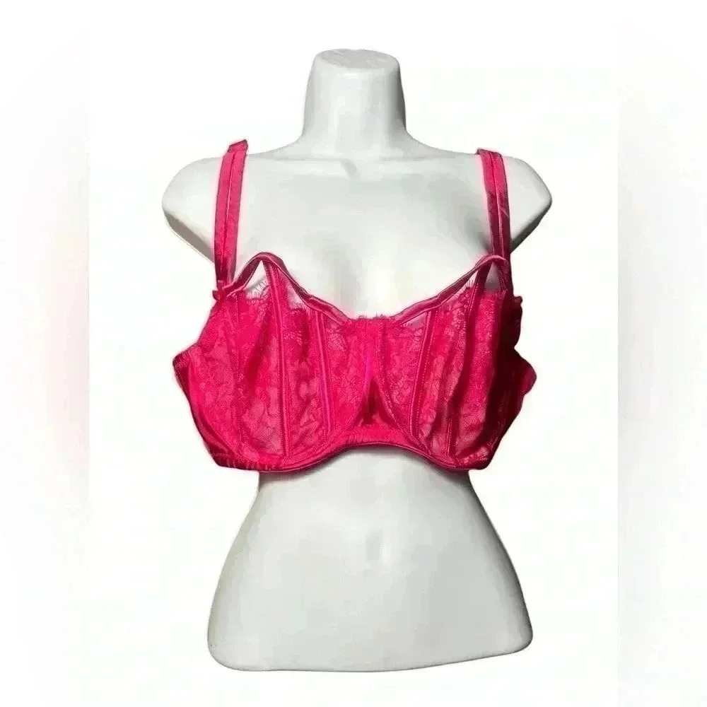 Cacique Size 44D Hot Pink Lace Demi Lace Sexy Boning & Underwire
